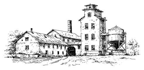 Vintage architectural sketch of an old factory mill with chimney and tall silo tower © Celestynka