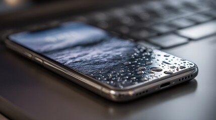 Close-up of a Smartphone with Water Droplets on a Laptop Keyboard