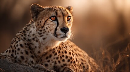 Captivating cheetah portrait: focused gaze in warm, natural light setting