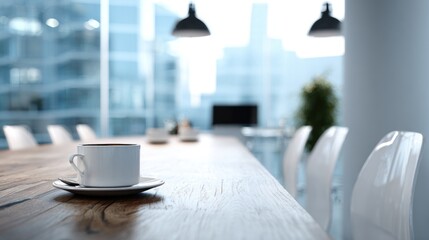 Coffee Cup on a Wooden Conference Table in a Modern Office with City View