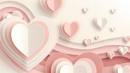 Layered hearts in soft pink and white hues create a romantic background