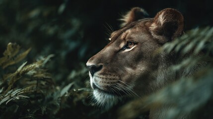 Lioness portrait amidst lush foliage, evoking wild beauty and predator stealth