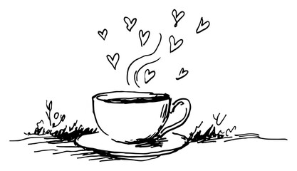 Hand drawn sketch of hot coffee cup with heart shaped steam © Celestynka