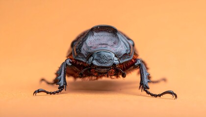Intricate close-up of a dark rhinoceros beetle showing detailed exoskeleton and legs on an orange background