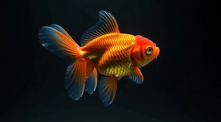 Vivid ornamental goldfish displayed in clear side position with flowing colorful fins. Wildlife concept