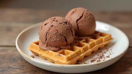 two large scoops of chocolate ice cream placed on top of a waffle