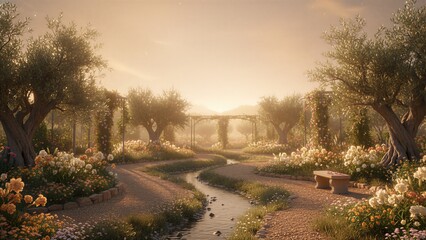 Obraz premium Serene garden landscape with a winding stream and lush flowers and olive trees. Peaceful nature setting for relaxation and contemplation.