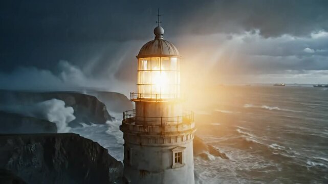 Dramatic lighthouse illuminating dark stormy ocean waves with light beam as a navigational safety beacon