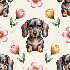 Description
A repeating pattern features an adorable dachshund puppy combined with colorful flowers.