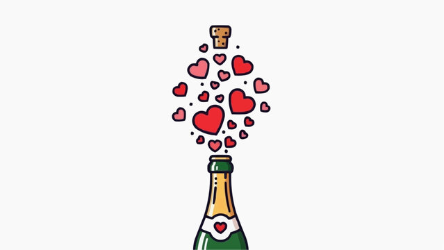 Champagne bottle opening with hearts exploding out, celebration concept