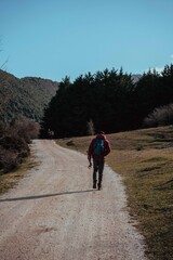 Fototapeta premium hikers walking along a mountain trail in winter. Outdoor trekking in a natural forest environment. Shot in the Lepini Mountains, Lazio, Italy.