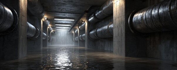 A dimly lit underground tunnel with metallic pipes and water reflecting light on the concrete floor, creating an industrial atmosphere.