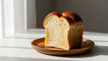 Minimal brioche bread slice presented with natural light and wooden accent.