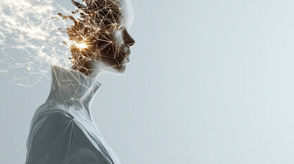 Futuristic representation of a digital woman profile with breaking particles and glowing plexus network.