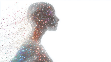 Futuristic humanoid silhouette with colorful glowing energy sparks and interconnected digital network.