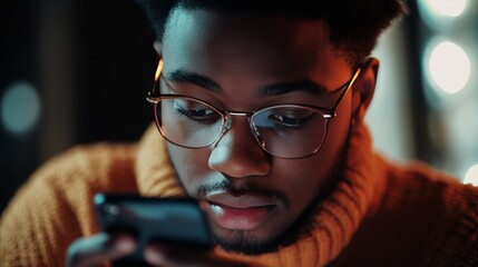 A young man in a cozy sweater and eyeglasses concentrating on his cell phone. He is indoors with warm lighting.