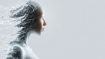 Digital representation of artificial intelligence as a woman silhouette with glowing plexus connections.