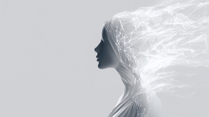 Clean digital illustration of an artificial intelligence profile with bright glowing plexus lines on a light background.