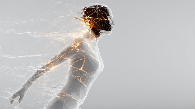 Dynamic motion of a digital woman silhouette with glowing energy trails and plexus connections. - Powered by Adobe