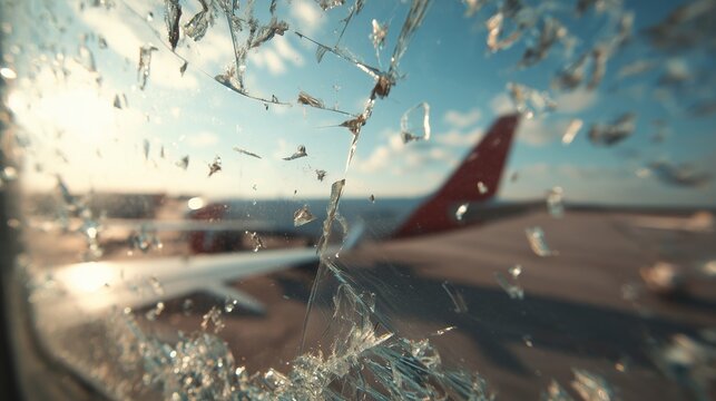 Broken window on airplane during flight with view of runway and another plane