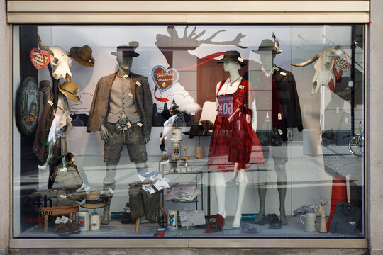 Traditional Bavarian Clothing Display at Lodenfrey Flagship Store Window in Munich