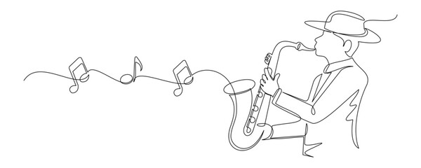 Continuous line drawing of a jazz musician playing the saxophone 1.eps