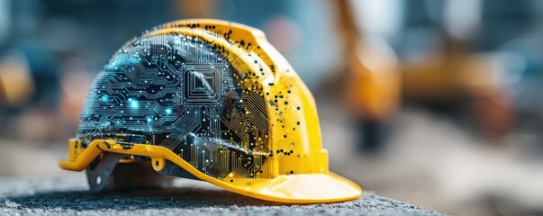 A yellow hard hat features a digital circuit design, symbolizing innovation in construction and technology.