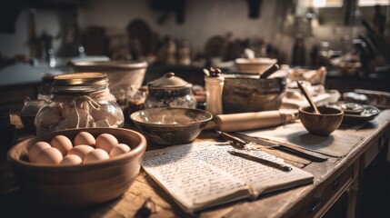 Fototapeta premium Rustic kitchen workspace with handwritten recipe, fresh eggs in wooden bowl, jars of ingredients, and utensils on a wooden table in warm natural light
