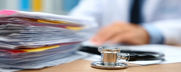 A close-up of a stethoscope beside a stack of paperwork, symbolizing the intersection of healthcare and administrative duties.