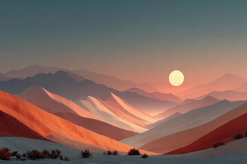 A minimalist landscape with soft, undulating hills and mountains illuminated by the warm light of the setting sun.  