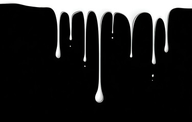 White paint drip on black background forming vertical drops and glossy highlights