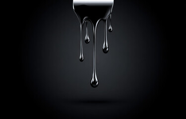 Black glossy liquid drip falling from edge with reflective highlights and dramatic lighting