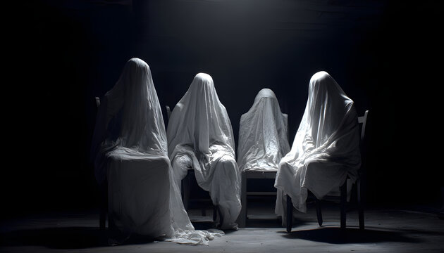 A frightening image captures seated, shrouded figures. The dark setting amplifies the fear and mystery, hinting at a supernatural encounter with a ghost.