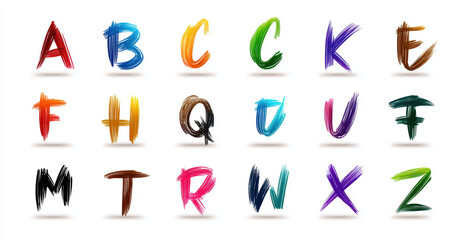 Colorful brushstroke alphabet letters arranged grid, vibrant paint strokes forming uppercase characters with dynamic texture