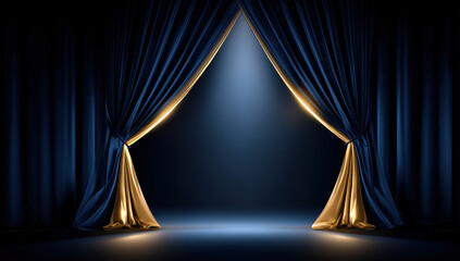 Blue stage curtain opening to reveal spotlighted empty stage, dramatic theatrical atmosphere