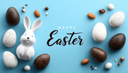 Happy Easter greeting with chocolate eggs, white bunny figure and scattered nuts on blue background