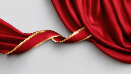Red velvet ribbon with gold trim twisting across draped red satin fabric, elegant festive texture and shine