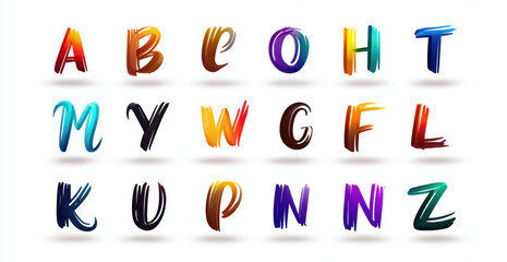 Colorful brushstroke alphabet letters arranged in rows, vibrant paint strokes forming uppercase characters with soft shadows