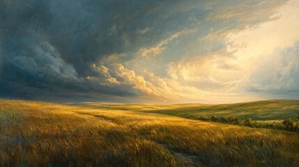 Golden field, dramatic sky