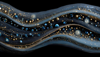 Luxurious liquid waves adorned with diamonds, sparkling blue and gold crystals unfold against sleek black background, embodying high end innovation or opulent indulgence in various commercial.