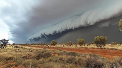 Massive storm clouds loom over arid landscape
