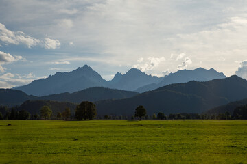 Green Meadows and Alpine Mountain Range Near Fussen Bavaria Germany