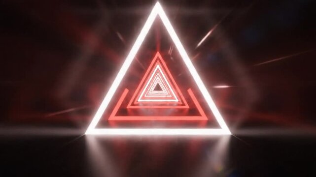 Futuristic neon triangle tunnel with red and white glowing lights, abstract background