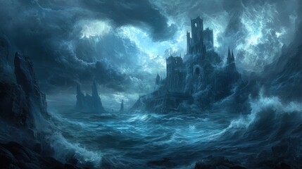 Stormy sea, dark castle, ominous