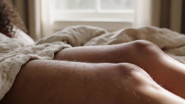 Morning light illuminating legs resting on a bed covered in a soft, rumpled blanket, feeling relaxed