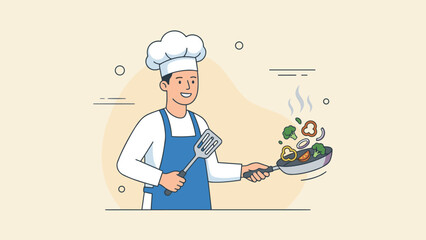 Happy male chef character cooking fresh vegetables in frying pan. Professional cook in apron and hat holding spatula. Kitchen staff preparing food. Culinary flat vector illustration.