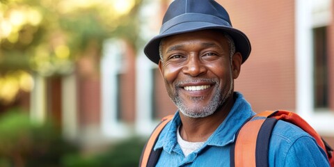 Happy individual enjoying his day outdoors with gear