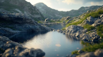 A tranquil stream with clear water flowing through mossy rocks in an alpine landscape under the sun.