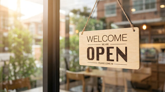 Close Up of Open Sign Hanging on Cafe Glass Window