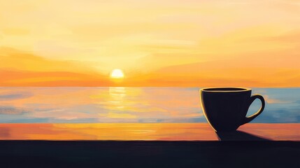 A cup is sitting on a table next to the ocean